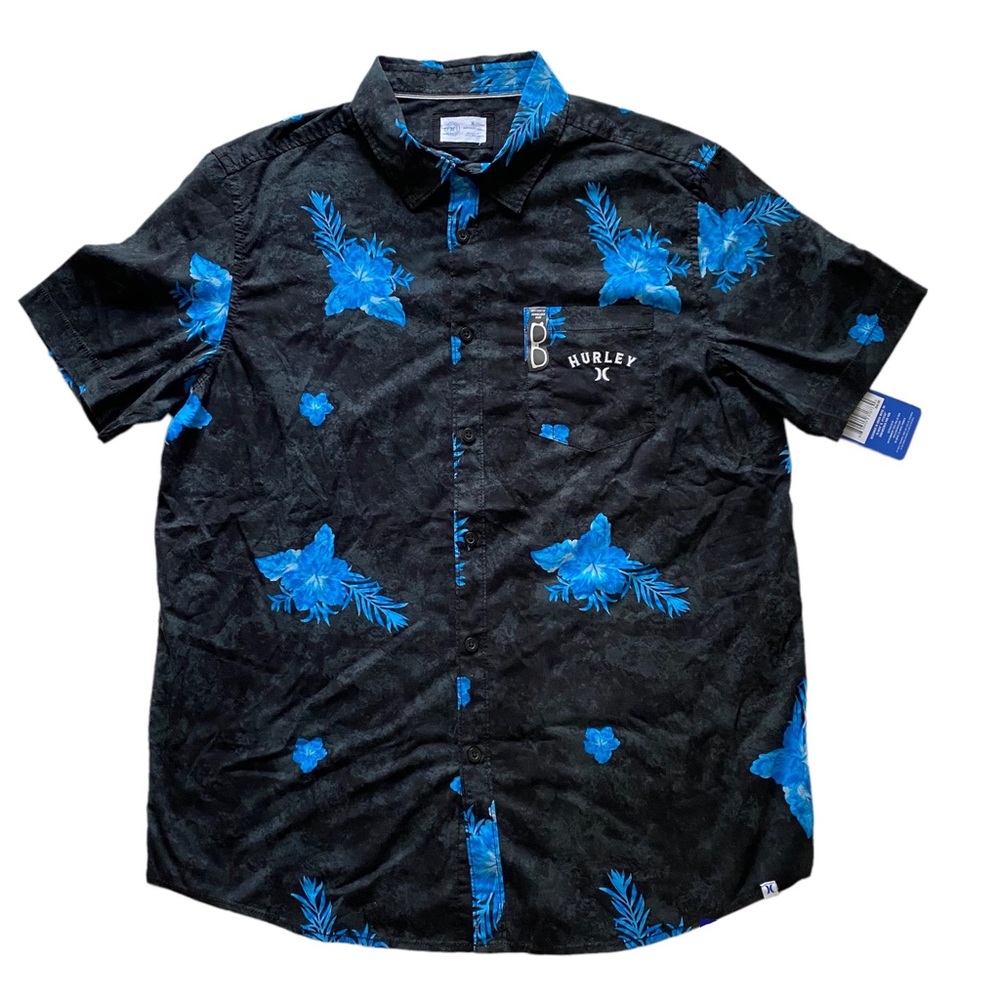 NWT Hurley Tropical Escape Hibiscus Button Up Black Flower Hawaiian Mens Medium